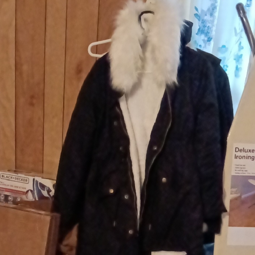 Black Coat with White Fur Trim Hood.